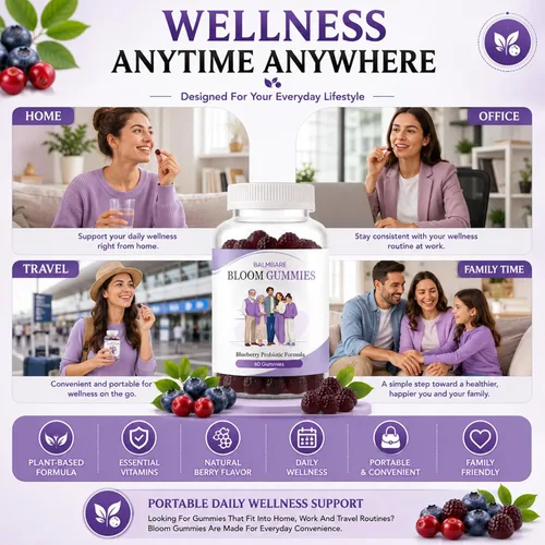 Vista 6 de Gomitas de bienestar diario con mezcla de arándano y vitaminas esenciales, fórmula a base de plantas, conveniente suplemento masticable, sabor a