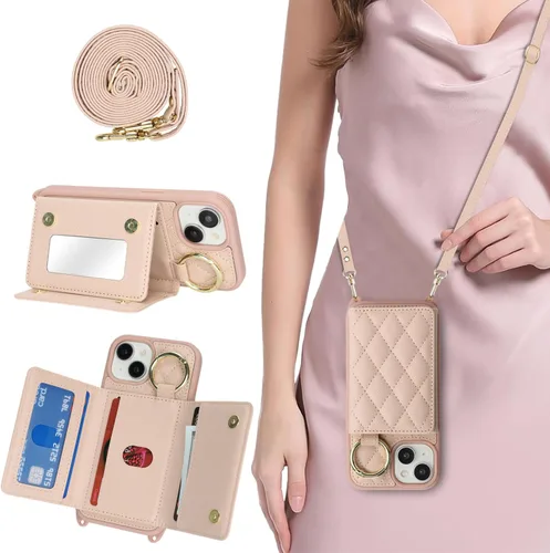 Vista 13 de Funda para iPhone 14 con tarjetero y correa para mujer, cordón cruzado, espejo de maquillaje, soporte de anillo, cierre a presión, bonitas fundas