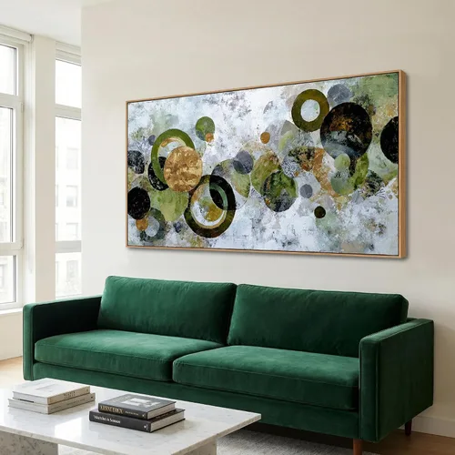 Vista 3 de JLXART Lienzo abstracto enmarcado, arte para la pared, moderno círculo verde dorado y negro, pintura colorida, obra de arte texturizada, lista