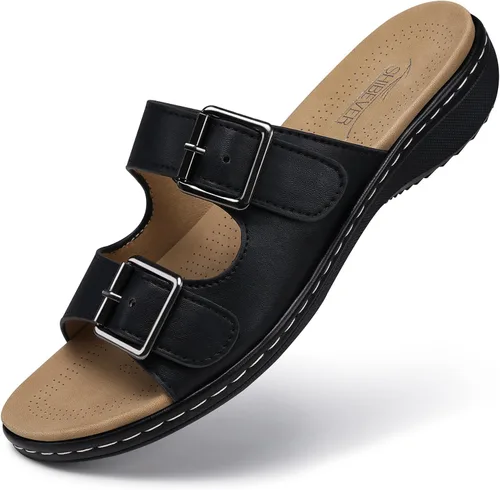 Vista 17 de SHIBEVER Sandalias planas para mujer: antideslizantes, con soporte para el arco, ortopédicas, para fascitis plantar, cómodas sandalias para caminar