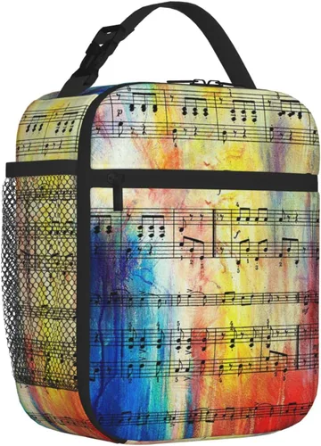Vista 2 de Bolsa de almuerzo impresa con nota musical vintage con bolsillo lateral, bolsa suave aislada, bolsa térmica para picnic de trabajo