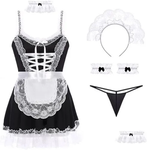Vista 8 de Lencería sexy de sirvienta francesa para mujer vestido de babydoll delantal de peluche traje de cosplay Lolita