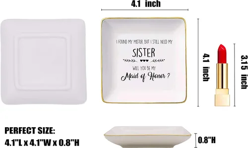 Vista 5 de Bandeja de cerámica con texto en inglés "I Found My Mister, But I Still Need My Sister,Will You Be My Maid of Honor", despedida de soltera, regalo
