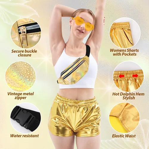 Vista 4 de Pantalones cortos metálicos para mujer con cordón elástico, brillantes, cortos, brillantes, para fiesta de rave, con gafas de sol y riñonera metálica