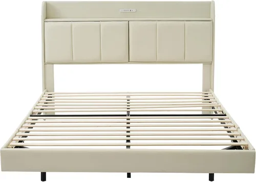 Vista 7 de Base de cama flotante de tamaño Queen, con luces LED de ambiente y carga USB, base de cama LED moderna tapizada de poliuretano con plataforma LED