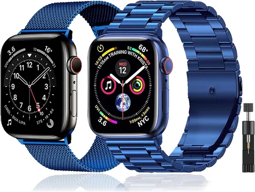 Vista 17 de Paquete de 2 correas de metal compatibles con Apple Watch Band 38/40/41/42/44/45/46/1.929 in, acero inoxidable y malla milanesa para iWatch Band