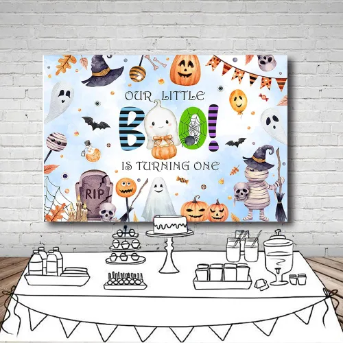 Vista 4 de MEHOFOND Telón de fondo de Halloween Boo para el primer cumpleaños de 7 x 5 pies para niño, espeluznante, una cabina de fotos, fondo de estudio