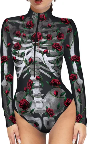 Vista 7 de Enterizo de esqueleto para mujer, con cremallera, traje sexy de una pieza para Halloween Esqueleto 3D