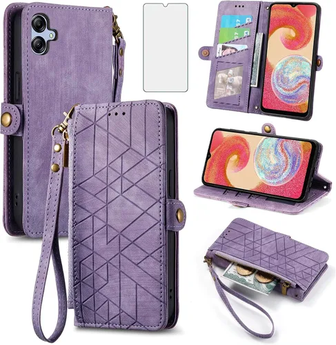 Vista 8 de Asuwish Funda para teléfono Samsung Galaxy A04e con protector de pantalla de vidrio templado y correa para la muñeca de cuero con cremallera