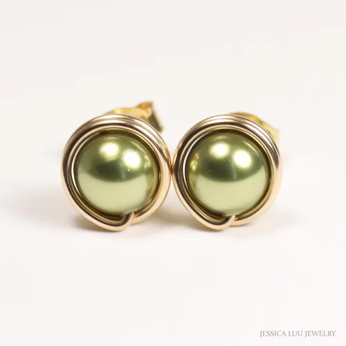 Vista 2 de Jessica Luu Jewelry Pendientes de perlas de oro verde oliva 0.236-0.394 in hechos a mano
