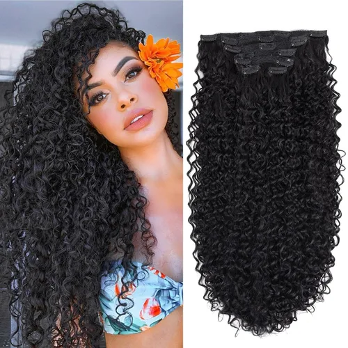 Vista 13 de Extensiones de cabello sintético con clip, extensiones de cabello sintético negro y rubio miel, extensiones de cabello rizado Jerry para mujeres