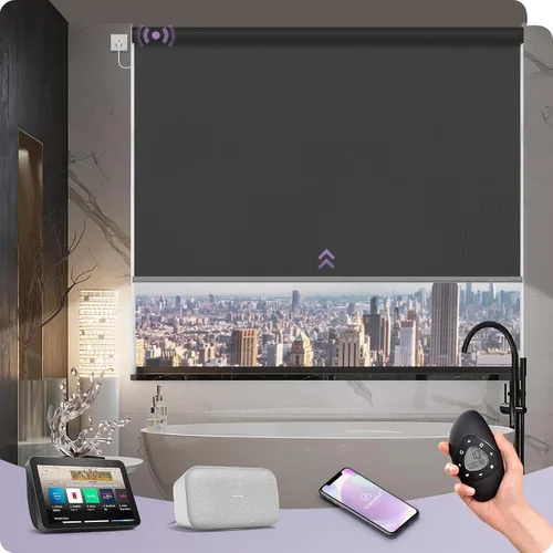 Vista 22 de Graywind Persianas enrollables motorizadas 100% opacas compatibles con Alexa Google, de vinilo, impermeables, inalámbricas, control remoto A-Beige