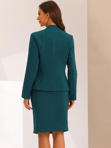 Vista 3 de Allegra K Conjuntos de negocios de 2 piezas para mujer, blazer sin cuello y falda de lápiz formal