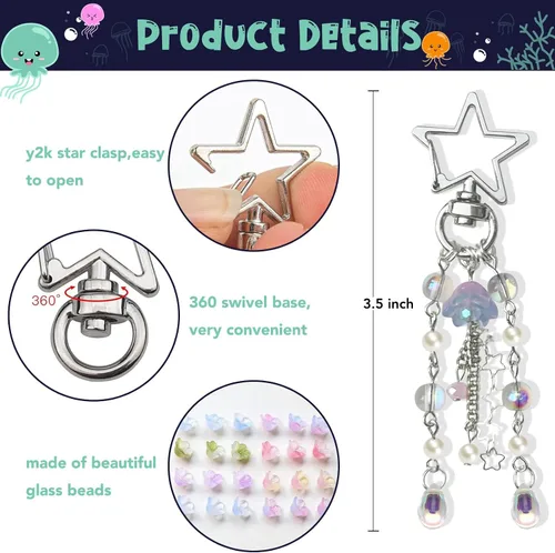 Vista 4 de Agromusk Llavero de medusa, lindo llavero Y2K para mujeres y niñas, bolsa de medusas, accesorios para bolso, decoración de gelatina de estrella