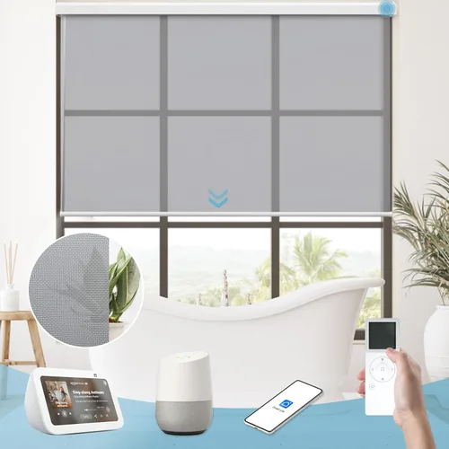 Vista 25 de Persiana enrollable inteligente 100 % opaca, pantalla motorizada compatible con Alexa Google, persiana de control de aplicación para ventana Tela