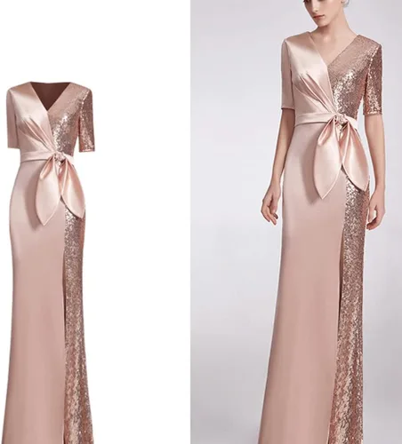 Vista 8 de na Vestido de noche largo de tela con costuras doradas de temperamento delgado para mujer, talla grande, lentejuelas delgadas para banquete
