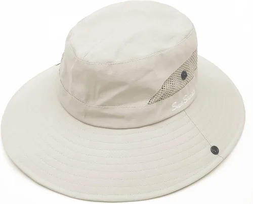 Vista 37 de Sombrero de pesca de playa de ala ancha para mujer, con protección UV, plegable, con agujero para cola de caballo