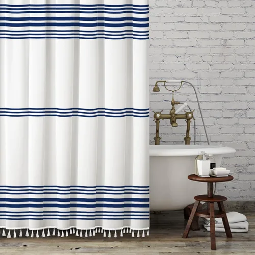 Vista 10 de Seasonwood Cortina de ducha gris y blanca con borlas Cortinas de ducha estilo granja moderna para decoración de baño 72L"x72A" Lavable a máquina
