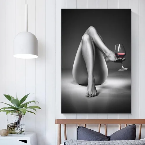 Vista 5 de Impresiones en lienzo con diseño de mujer desnuda, pintura de copa de vino en blanco y negro, póster de chica sexy, arte de pared, cuadro moderno