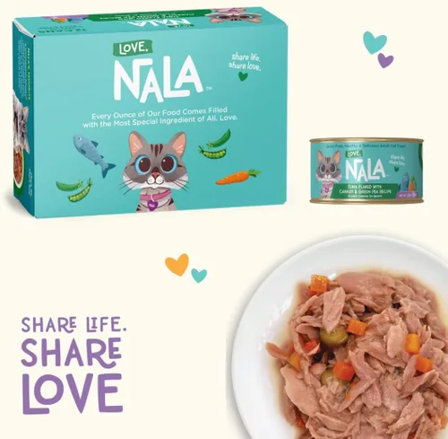 Vista 8 de LOVE, NALA - Comida húmeda natural para gatos adultos - Atún en copos con zanahoria y guisantes verdes en caldo - Sin granos, sin OMG, proteína