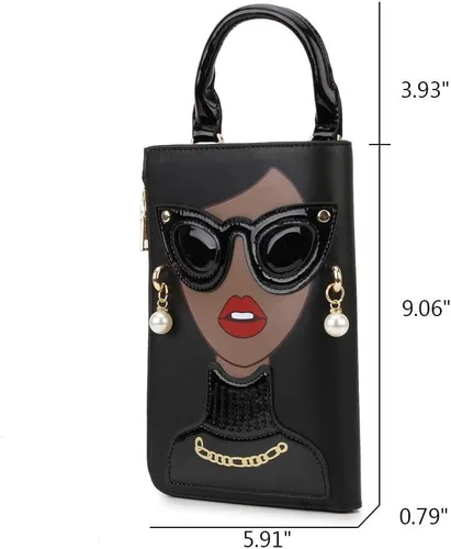 Vista 4 de Bolso de hombro para mujer, novedad con cara de mujer, bolso con asa superior y diseño funky de piel sintética, bolso de mano con asa superior