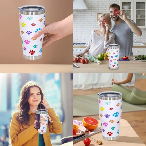 Vista 3 de Vaso de perro para mamá, regalos para amantes de los perros, tazas de café de viaje de acero inoxidable, tazas de café con estampado de patas