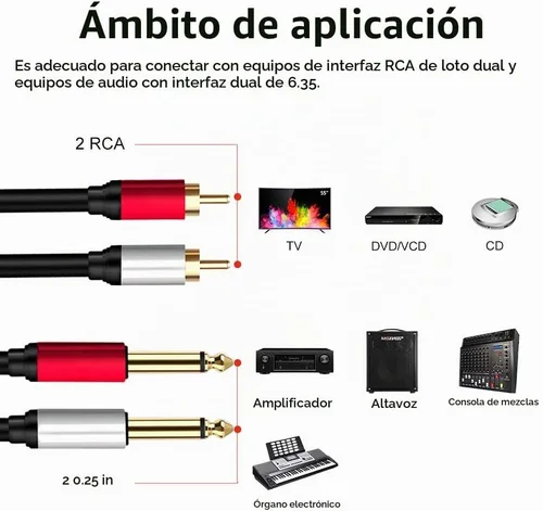 Vista 6 de 2 cables de 0.250 in a 2RCA, doble conector estéreo TS macho de 1/4 pulgadas a 2 RCA macho adaptador divisor de cable de audio estéreo
