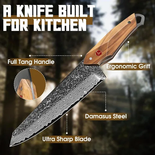 Vista 4 de TAN REN Cuchillo de chef de Damasco de 6 pulgadas con funda, cuchillo japonés Kiritsuke afilado, cuchillos de cocina de Damasco de espiga completa