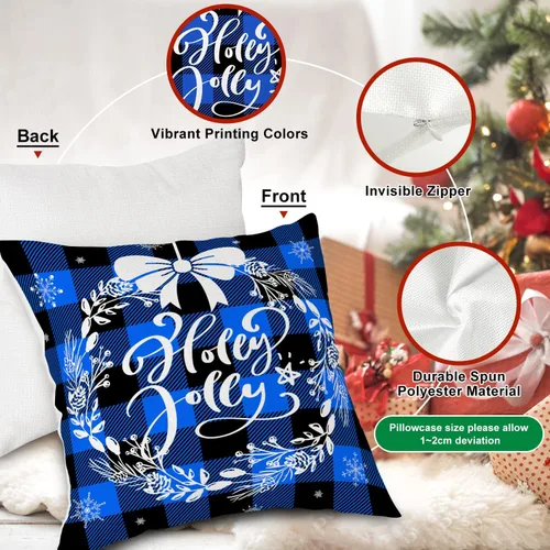 Vista 5 de Lanpn Juego de 4 fundas de almohada navideñas de 16 x 16 pulgadas, fundas decorativas de Navidad de 16 x 16 pulgadas, fundas de almohada a cuadros