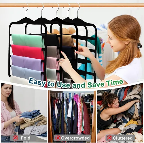 Vista 4 de Organizadores y almacenamiento de armario, paquete de 3 perchas de terciopelo para pantalones, ahorro de espacio, antideslizantes, organizador de 5