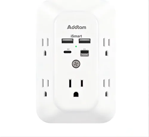 Vista 8 de Addtam cargador USB de pared con protector contra sobrecargas, extensor de 5 tomas con 4 puertos de carga USB (1 salida USB C) de 3 lados, 1800 J