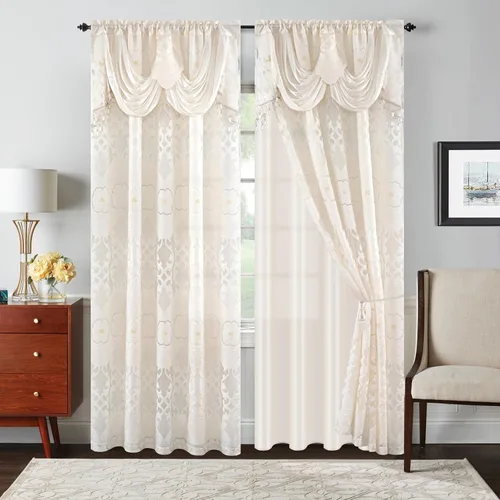 Vista 22 de Petrichor Cortinas de gasa jacquard transparente borgoña (54 pulgadas de ancho x 63 pulgadas de largo), 2 paneles con cenefa adjunta, diseño floral