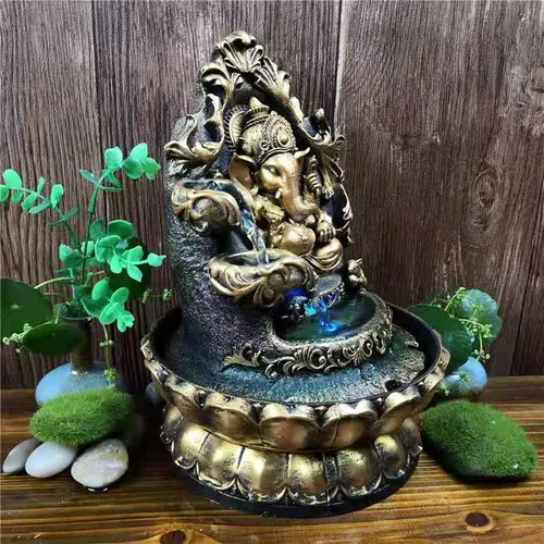 Vista 5 de Estatuas de Ganesha Fuente de Agua Interior, Estatua de Buda Elefante Fuente de Mesa con Bola Rodante, Fuente Zen para Decoración de Escritorio