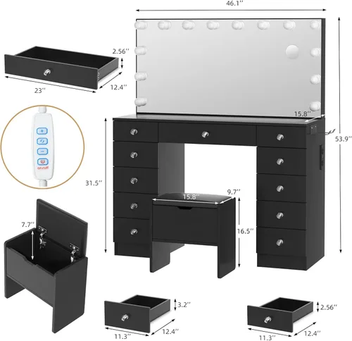Vista 3 de VOWNER Tocador con espejo iluminado - Escritorio de maquillaje con luces y 11 cajones, 3 modos de iluminación de color con brillo ajustable
