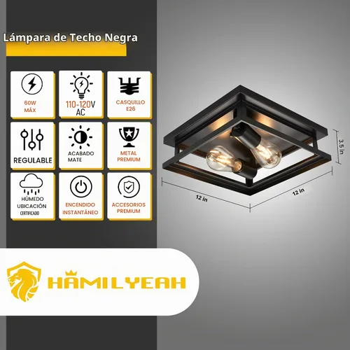 Vista 2 de Hamilyeah Lámpara de techo de montaje empotrado de granja, 2 luces, luz de techo para pasillo, color negro, lámpara de techo de cocina para montaje