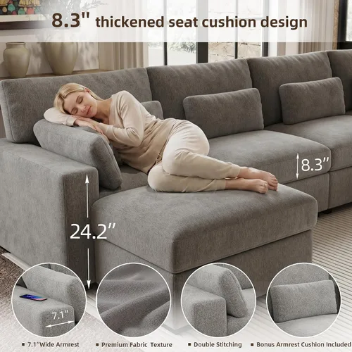 Vista 5 de Sofá modular de 146.5 pulgadas, sofás extra profundos en forma de U para sala de estar, sofá de felpilla de 4 asientos con patas de madera, otomana