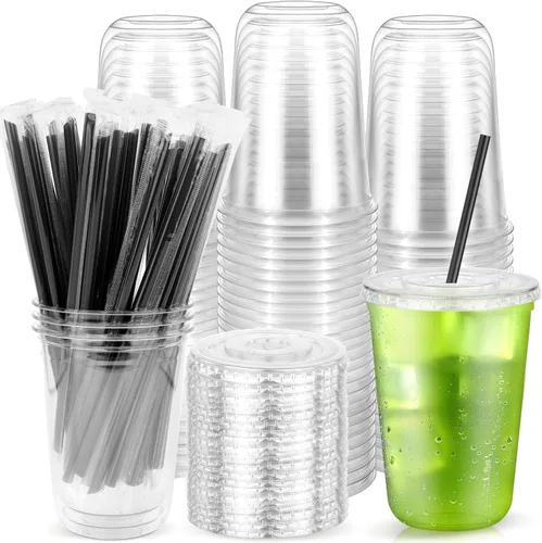 Vista 8 de Paquete de 100 vasos de plástico transparente con tapas planas y pajitas, tazas desechables de 12 onzas para café helado, vasos de plástico