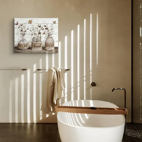 Vista 7 de Parylore Decoración de baño de granja, arte de pared de algodón, cuadro de flores de algodón, decoración de pared, tarro de masón, pintura