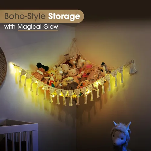 Vista 8 de ABBY BABY Hamaca de almacenamiento para animales de peluche extra grande con luces LED en la esquina – Red colgante para juguetes con capacidad