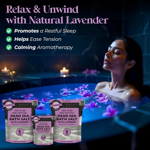 Vista 6 de Aromasong Sal pura del mar muerto para remojar con lavanda 100% natural, 2.43 libras, sal de baño de spa de grano fino, exfoliante de lavado