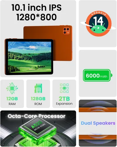 Vista 4 de Callsky-Tab Tableta: Tablet de 10 pulgadas, tabletas Android, 12GB RAM 128GB ROM, procesador Octa-core, pantalla IPS HD, Widevine L1, WiFi 6