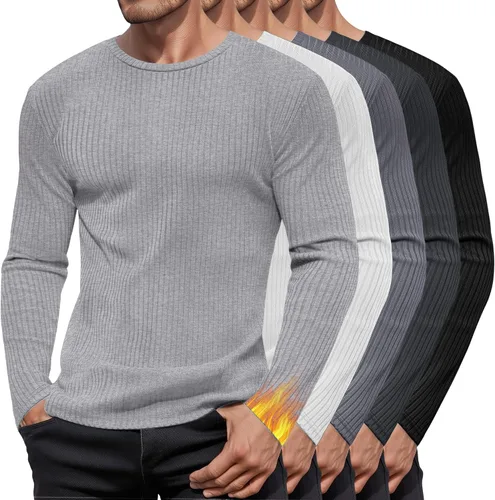 Vista 11 de Paquete de 5 camisas térmicas de algodón para hombre, manga larga, acanaladas, cuello redondo, ajustadas, suéter casual
