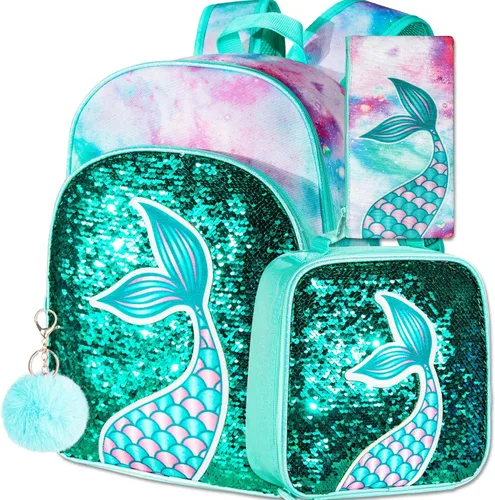 Vista 16 de 3 piezas de mochilas infantiles para niñas, 41 cm, mochila escolar preescolar y lonchera con diseño de unicornio/sirena/flamenco Mochila