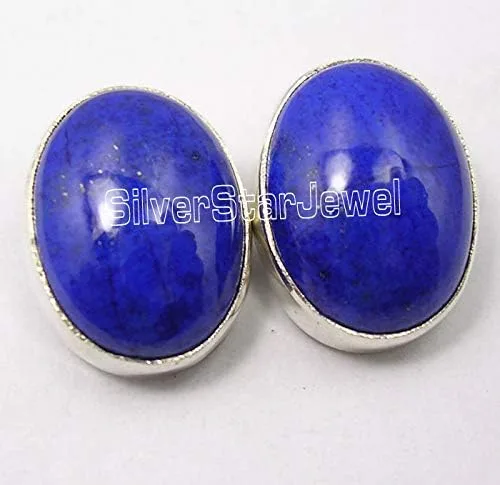 Vista 2 de Pendientes de lapislázuli ovalados de plata pura 0.6" piedra de moda, Metal Gema, Lapislázuli