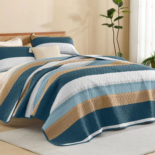 Vista 22 de Litanika Edredón tamaño Queen, juego de ropa de cama de 3 piezas a rayas 01 - Blanco y negro