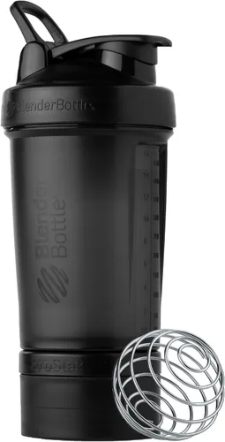 Vista 2 de BlenderBottle Botella agitadora con organizador de píldoras y almacenamiento para proteína en polvo, sistema ProStak, 22 onzas, negro medianoche