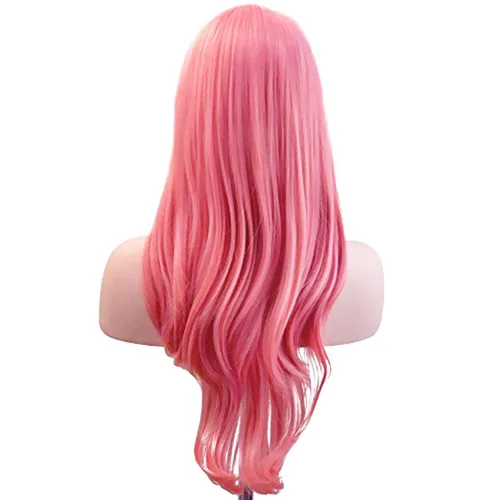 Vista 5 de Peluca de cosplay para mujeres con gorra peluca de 28in largo y ondulado resistente al calor de AKStor Rosado