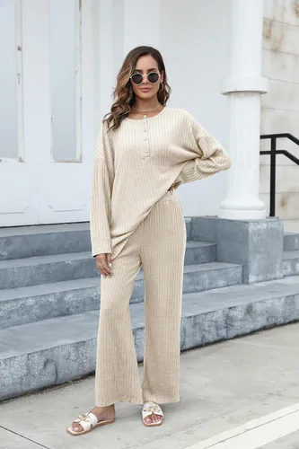 Vista 3 de Conjunto de 2 piezas para mujer, sudadera de gran tamaño con botones y pantalones de descanso a juego