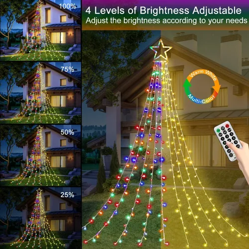Vista 2 de DANLI Guirnalda de luces de estrella para decoración de Navidad al aire libre, 320 luces LED de 16.4 pies, luces de árbol de cascada con estrella