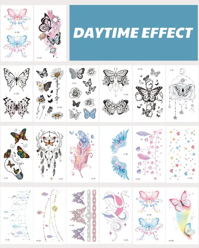 Vista 5 de 20 hojas de tatuajes temporales de mariposa que brillan en la oscuridad para mujeres, flores luminosas, mariposas, alas de tatuaje, calcomanías